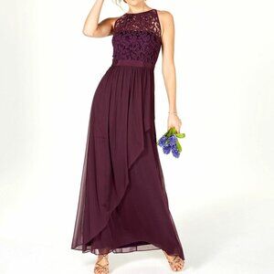 Adrianna Papell Halter A Line Gown Lace Maxi Dress Burgundy Wine